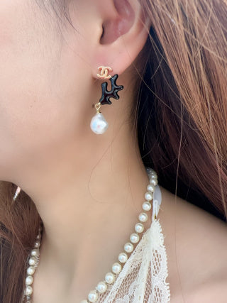 CHANEL Nerissa Coral Pearl Drop Stud Earrings