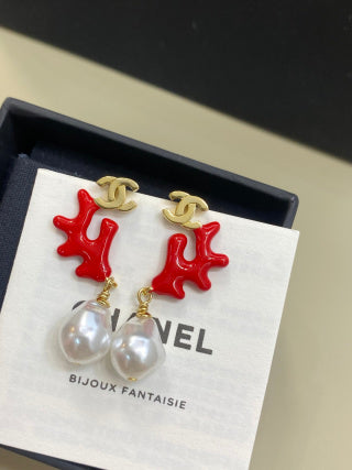 CHANEL Nerissa Coral Pearl Drop Stud Earrings