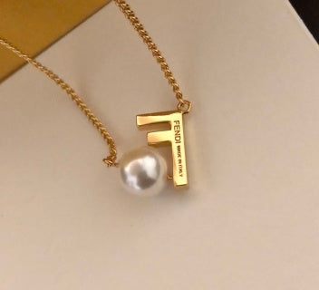 FENDI Pearl FF Letter Pendant Necklace