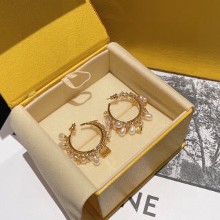 FENDI Pearl Fringe Hoop Stud Earrings