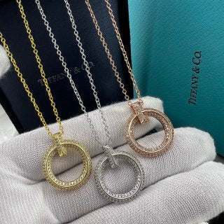 Tiffany Large T-Circle Pendant Necklace with Pavé Diamonds and Sword-Edge Detail