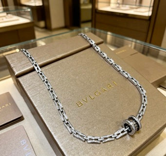 Bvlgari Silver Black Circle Pendant Chain Necklace – Elegant Luxury Jewelry