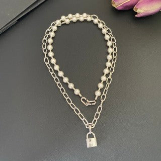 Tiffany Long Necklace with Square Pearl Clasp and Padlock Pendant