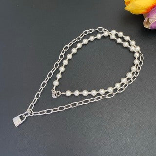 Tiffany Long Necklace with Square Pearl Clasp and Padlock Pendant