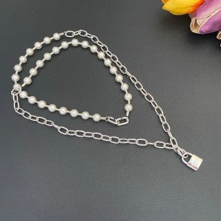 Tiffany Long Necklace with Square Pearl Clasp and Padlock Pendant
