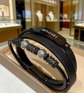 Bvlgari Black Leather Beaded Bracelet – Modern Luxury Jewelry