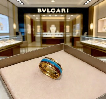 Bvlgari Gold Blue Accent Wide Band Ring – Elegant Luxury Jewelry